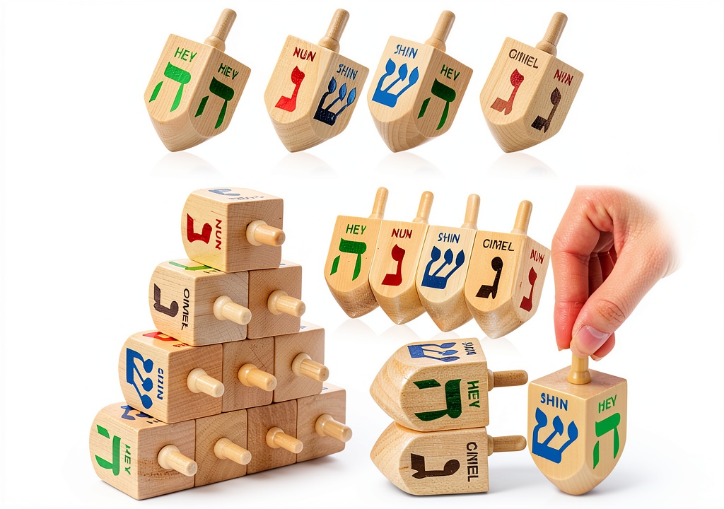 Wooden Hanukkah dreidels on a table